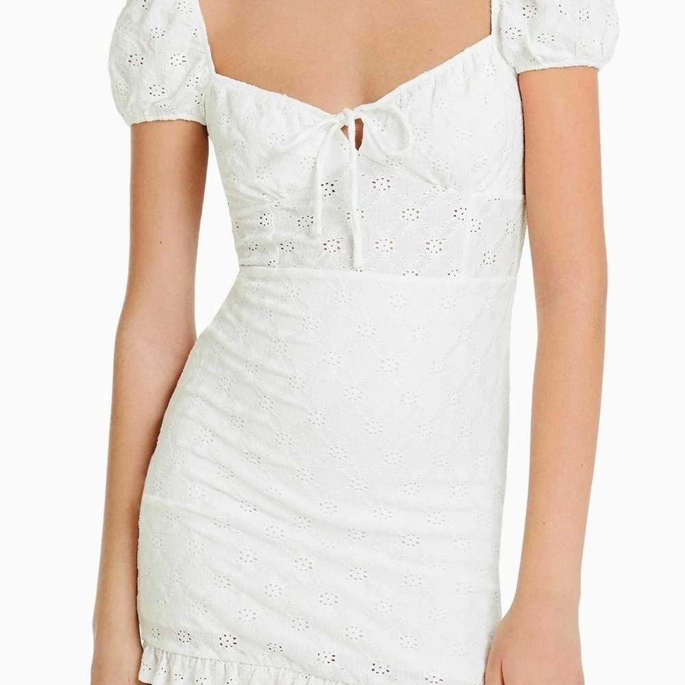 White Lace Off-Shoulder Front Tie Mini Dress White Lace Dress Graduation Bridal